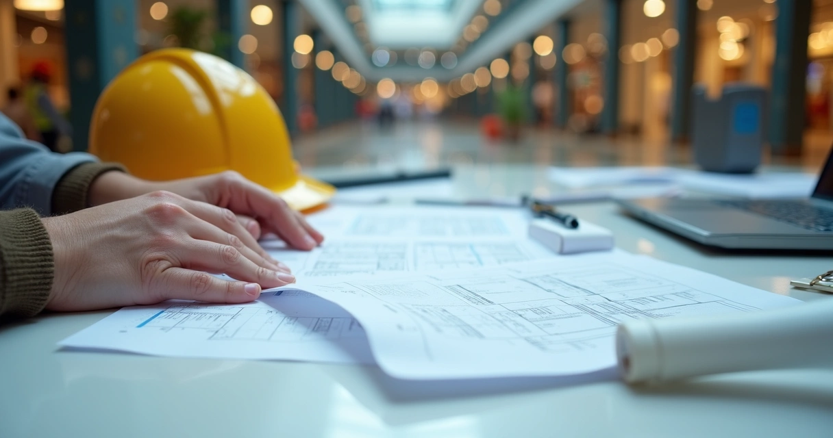 Documentação organizada sobre mesa em obra de shopping 