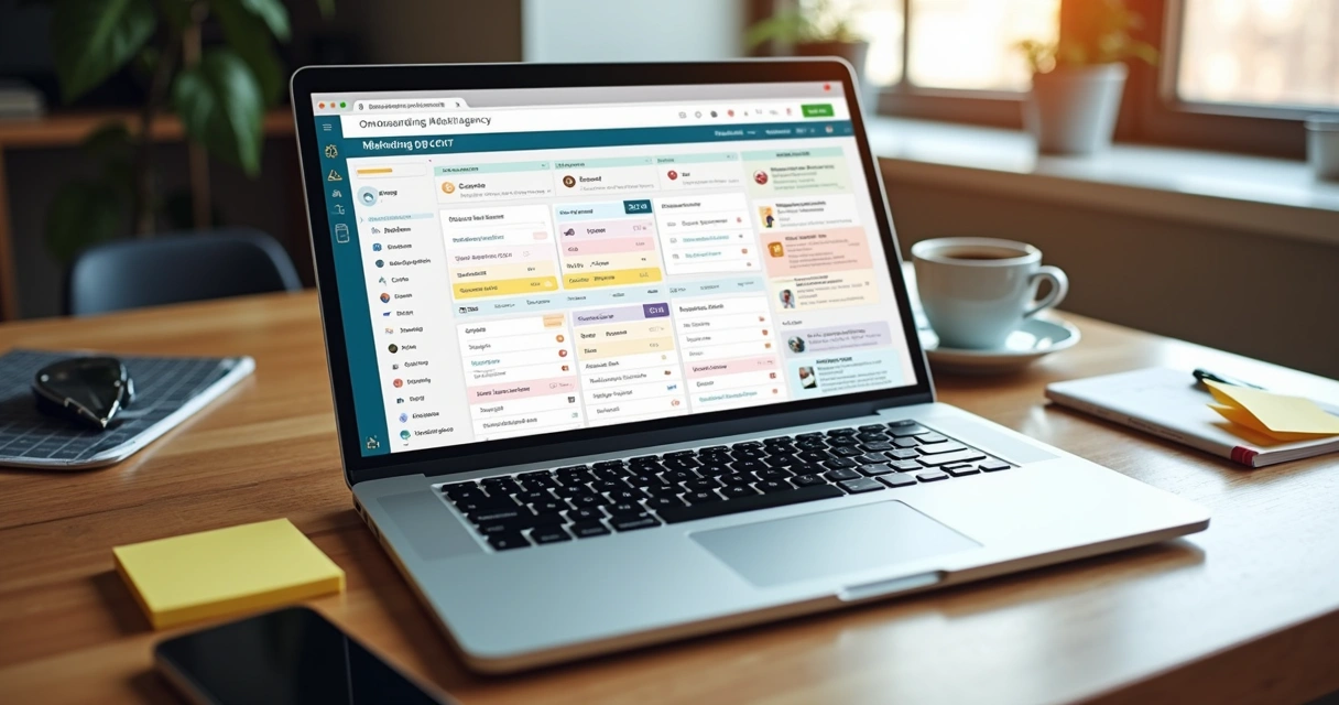 Documento digital de onboarding de agência de marketing aberto em notebook