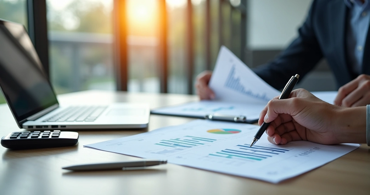 Mesa de reunião com documentos societários, calculadora, caneta, laptop aberto e mãos revisando papéis 