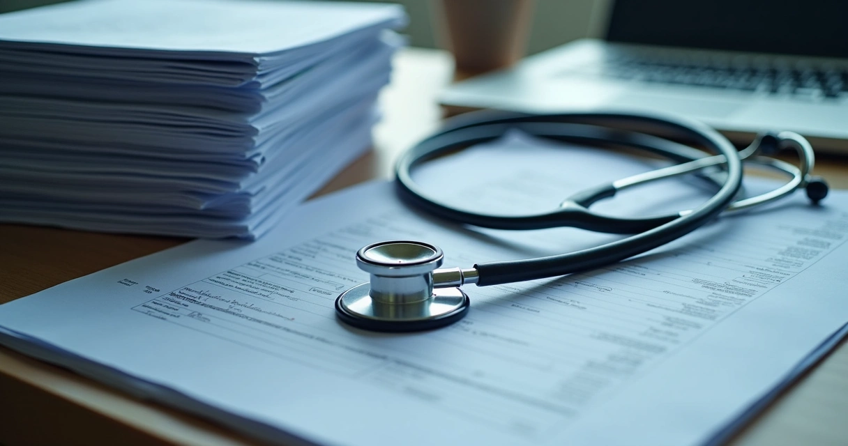 Pilha de documentos médicos organizada para perícia. 