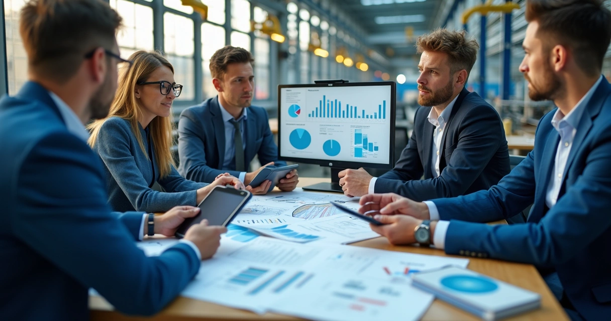 Equipe da indústria analisando documentos de inovação para abatimento de impostos 