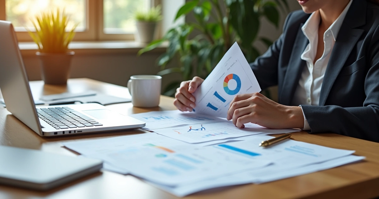 Mesa com documentos de auditoria e computador exibindo relatório digital