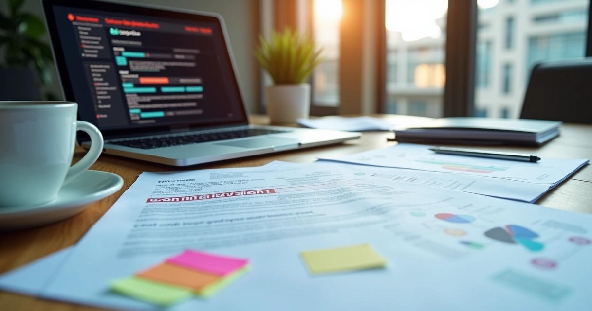 Mesa com documentos de plano de contingência, laptop e café 