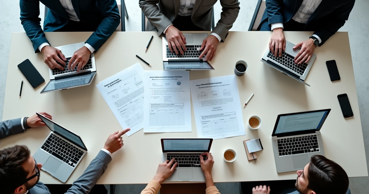 Equipe reunida revisando política de backup com documentos na mesa 
