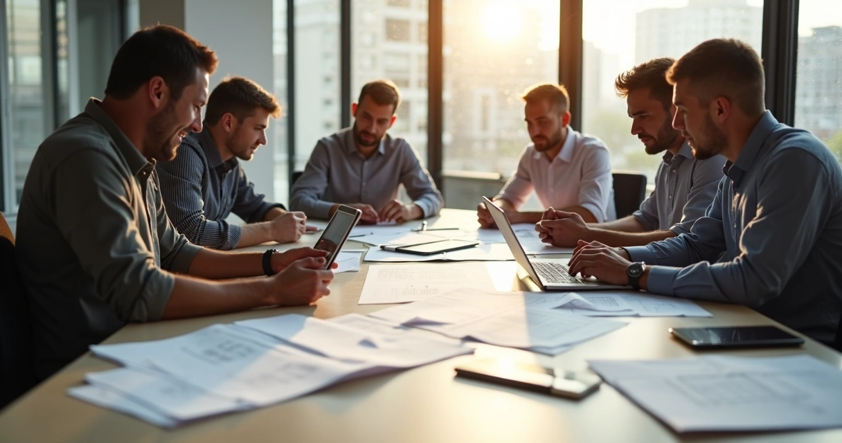 Equipe de engenharia reunindo documentação técnica em escritório moderno 