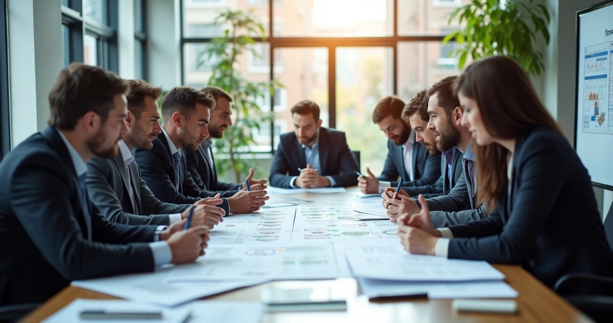 Equipe analisando documentação de processo em escritório 