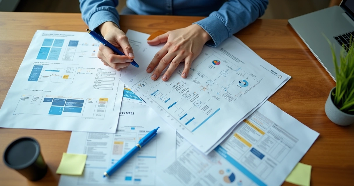 Funcionário revisando documentação de processos com planilhas e fluxogramas 