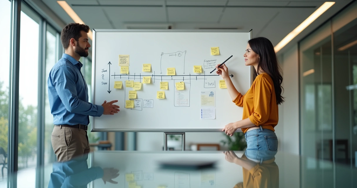 Esquema de processo de vendas desenhado em quadro branco de escritório