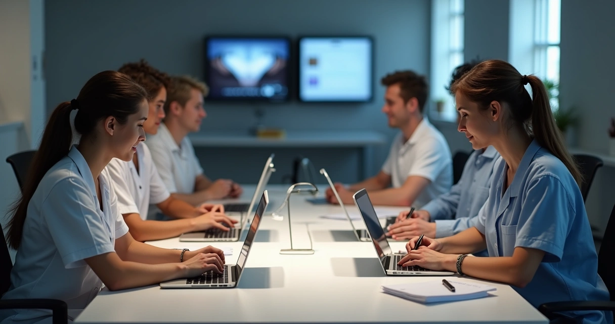 Equipe revisando protocolos impressos em uma clínica odontológica com mesas de trabalho
