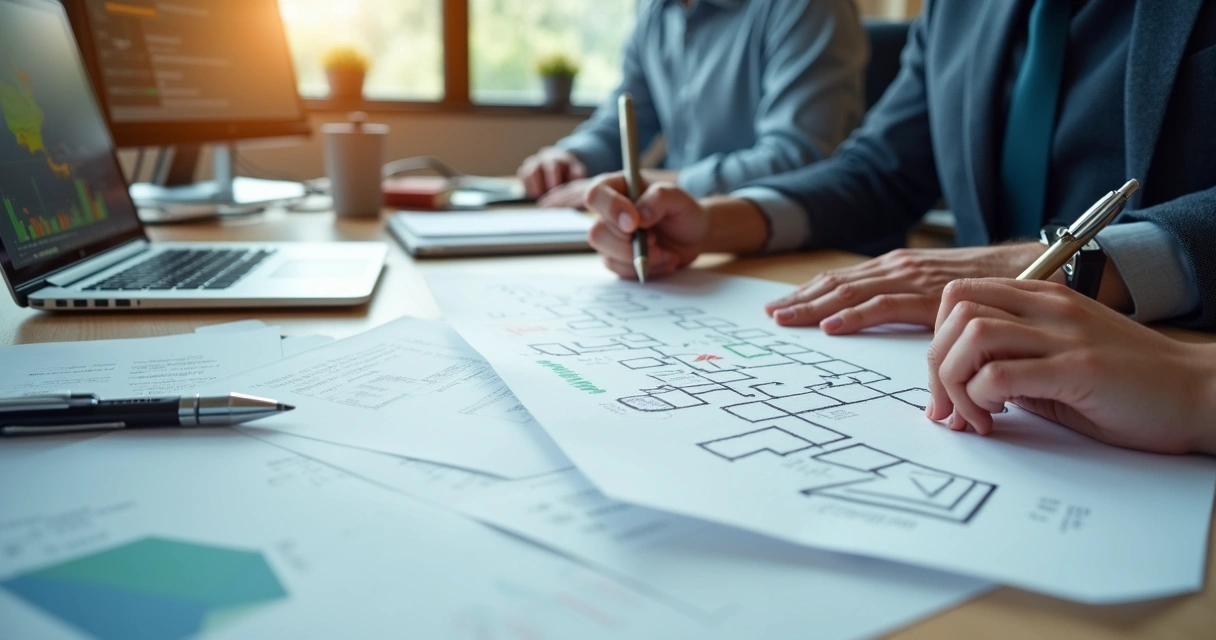 Pessoa anotando fluxos de processos em folha sobre mesa de escritório 