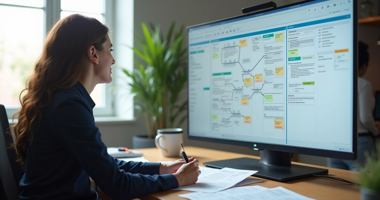Documentação digital organizada e fluxo visualizado em computador 