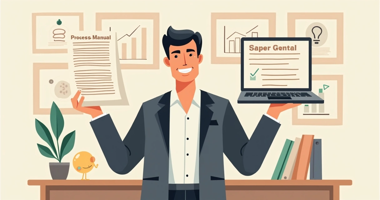 Manual de processos impresso e digital lado a lado, com símbolos de PME ao fundo. 