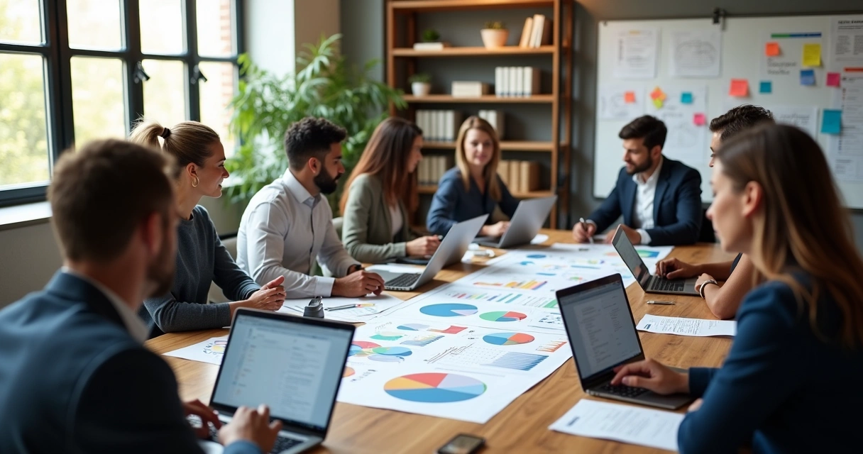 Equipe de vendas reunida ao redor de mesa com laptops e documentos, analisando processos comerciais documentados detalhadamente 