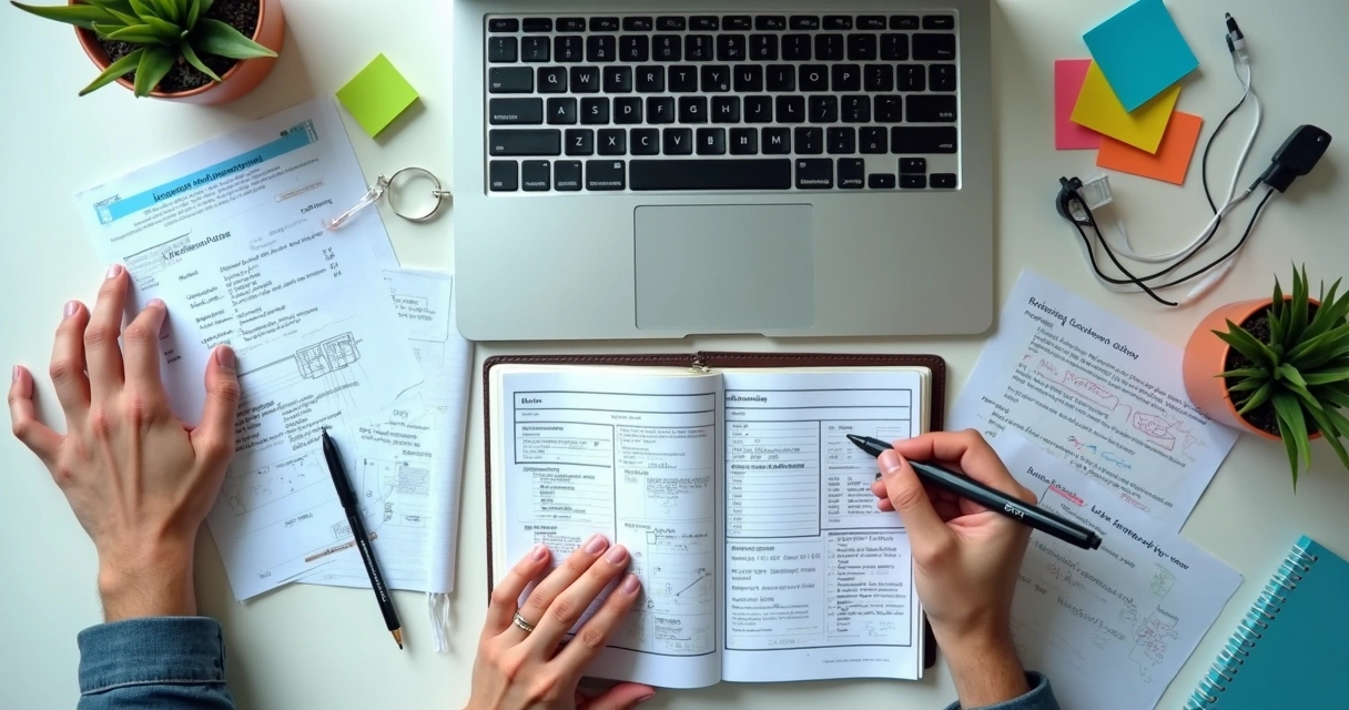 Mesa com documentos, laptop e profissional revisando relatório técnico de projeto de IA 