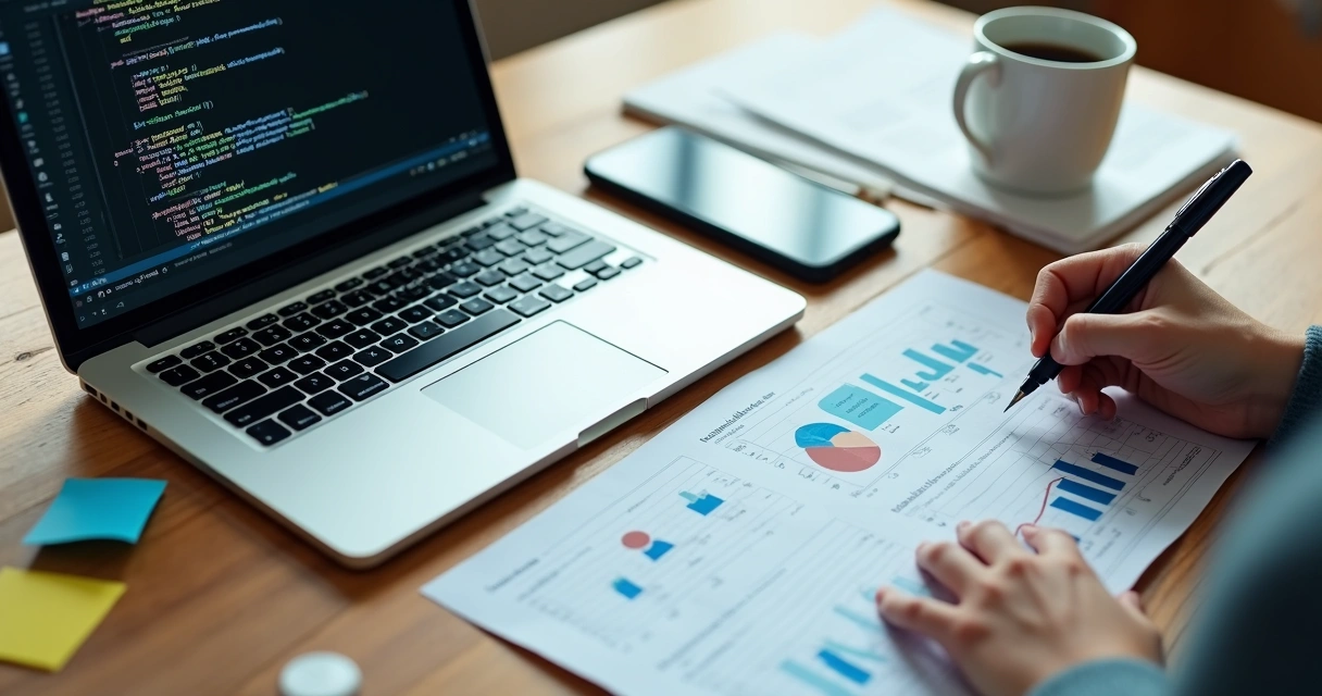 Mesa com relatório de projetos de IA e dispositivos eletrônicos 