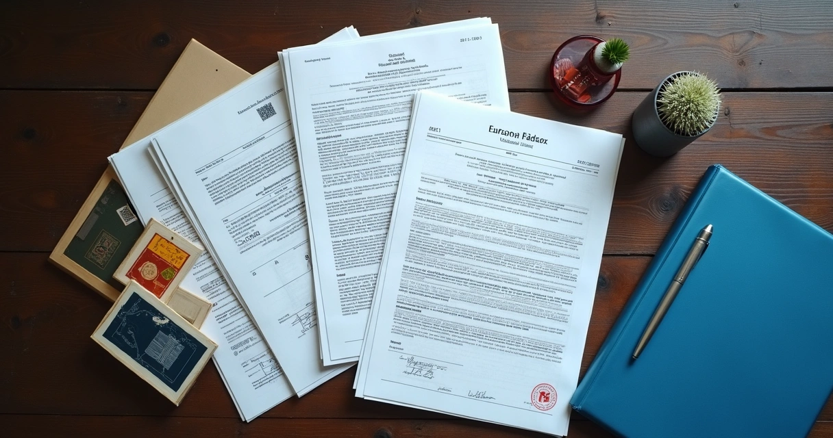 Pilhas de documentos técnicos de imóvel sobre mesa, carimbos e selos oficiais 