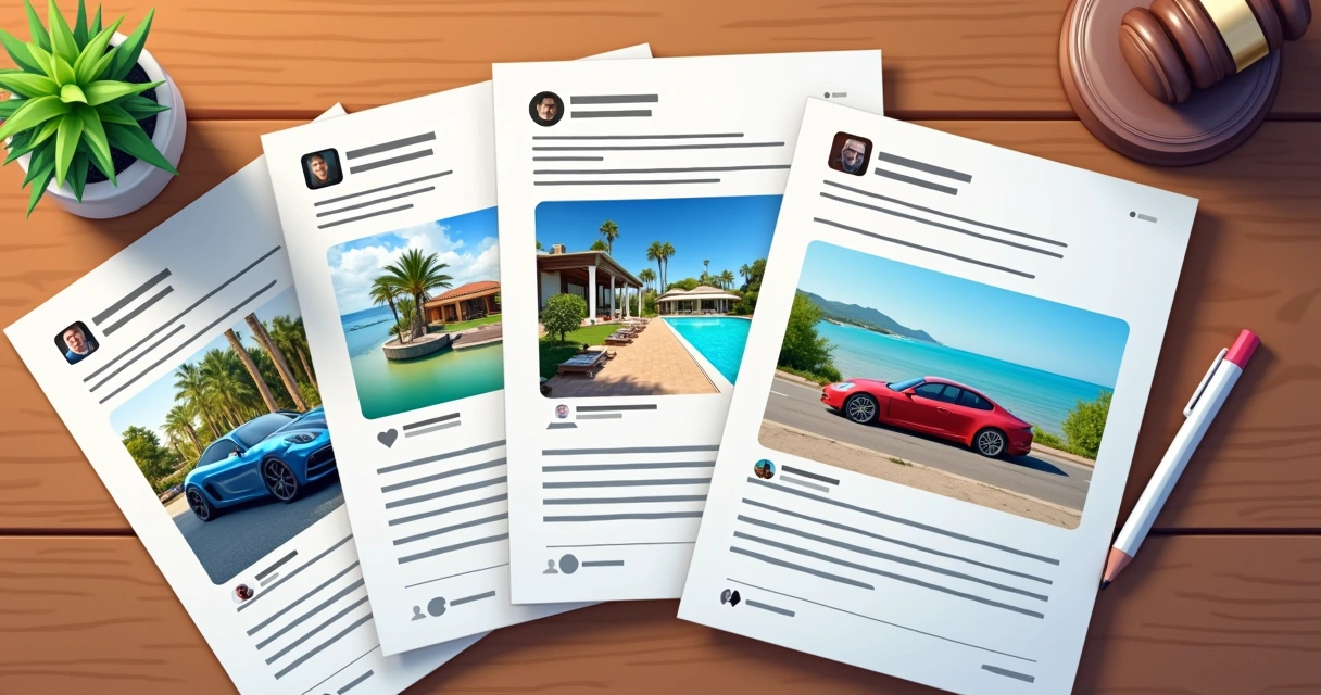 Capturas de tela e documentos impressos alinhados em mesa, simulando provas digitais 