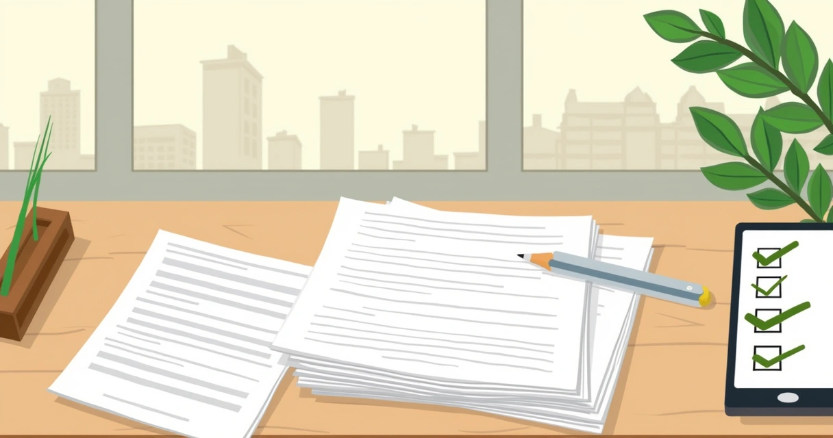 Ilustração de mesa com documentos de regularização imobiliária, incluindo título de propriedade e planta do imóvel.