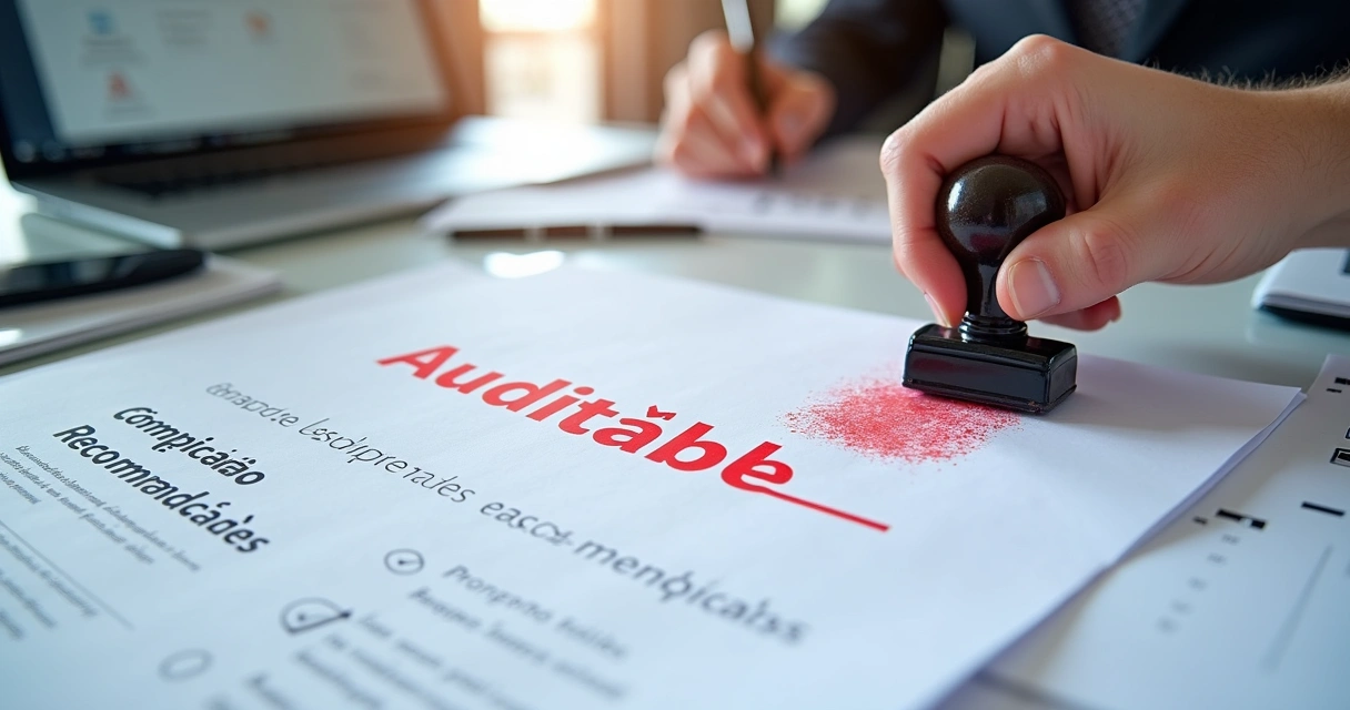 Documentação detalhada de relatório sendo revisada com carimbo de auditável.