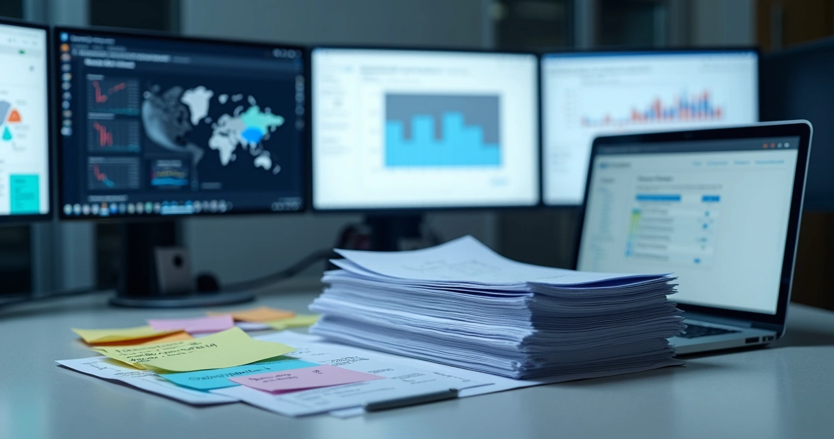 Ambiente de escritório com relatórios FMEA organizados, dados digitais e planos de ação destacando resultados concretos 