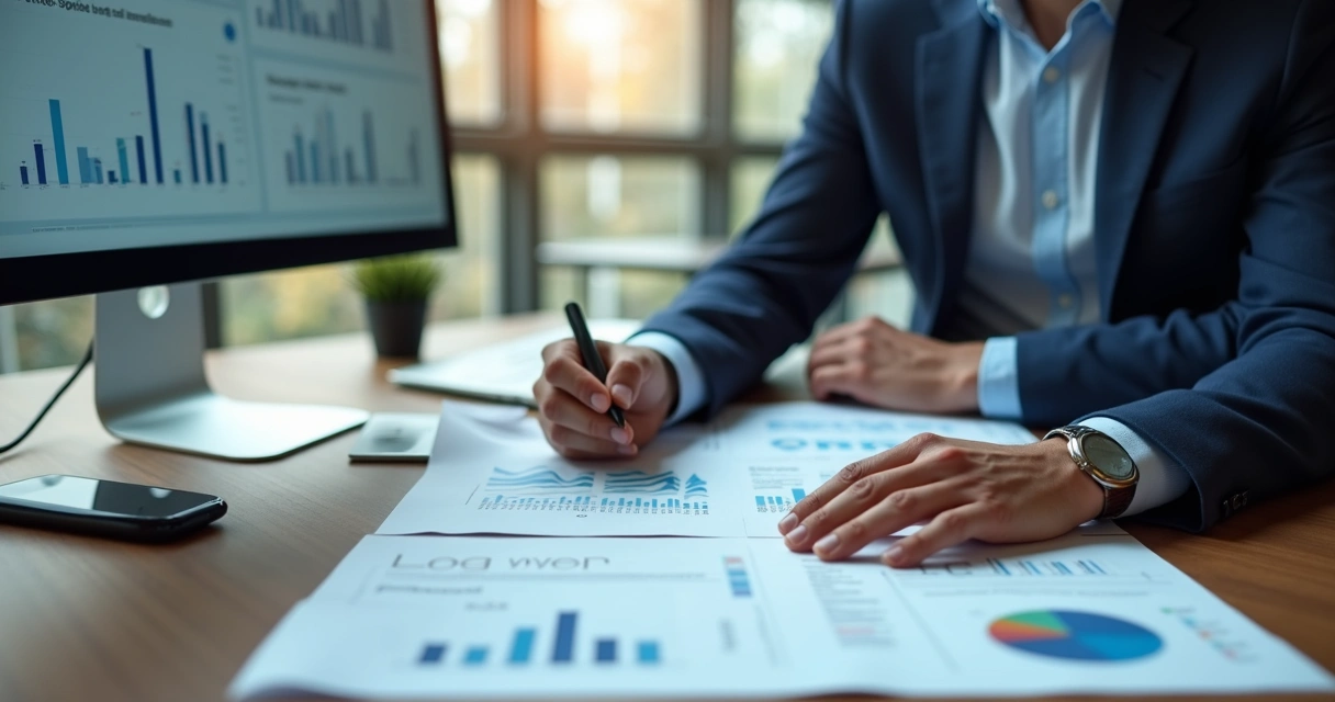 Gestor analisando documentos de compliance em mesa de escritório 