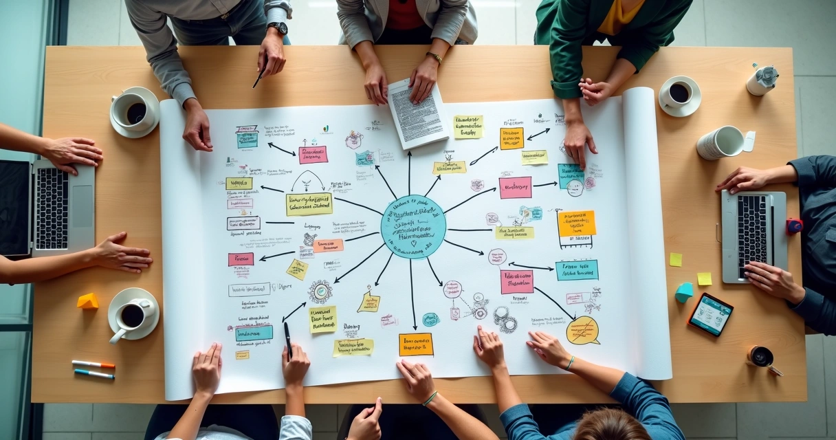 Mesa de time ágil com diagrama colorido conectando ícones de automação e anotações manuscritas 