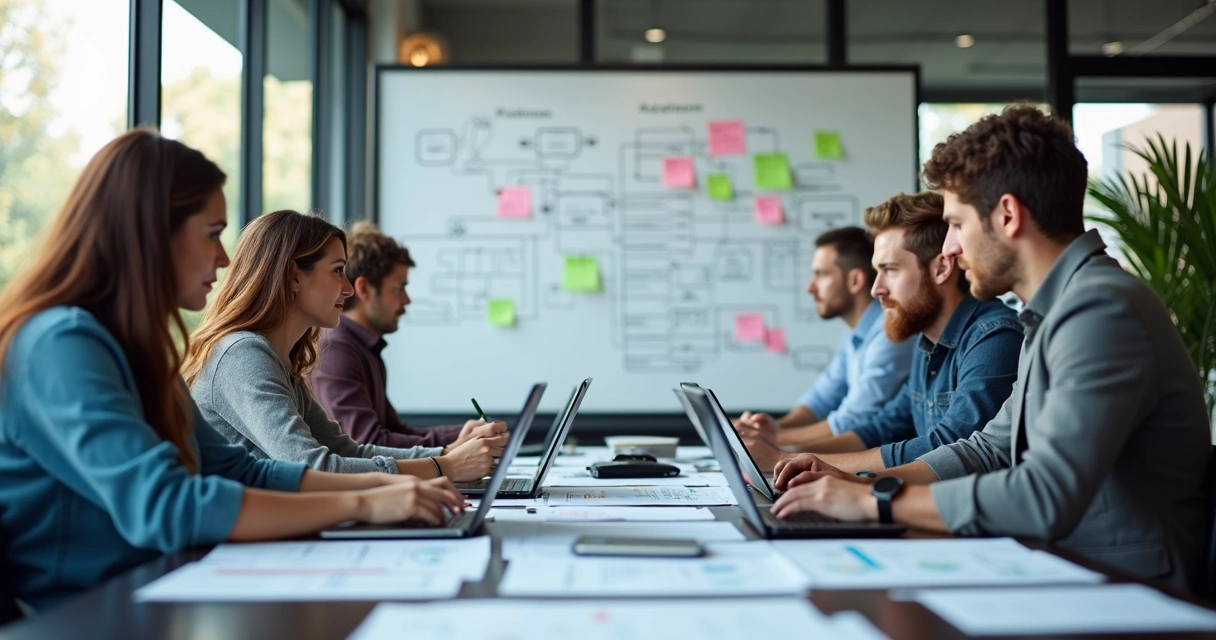 Equipe de tecnologia reunida trabalhando em documentação técnica 