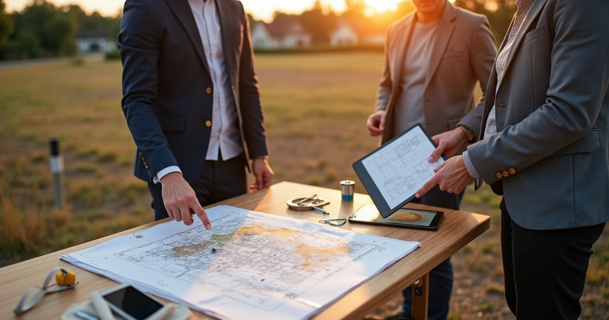 Equipe analisando papéis e planta de terreno em mesa ao ar livre com lote ao fundo 