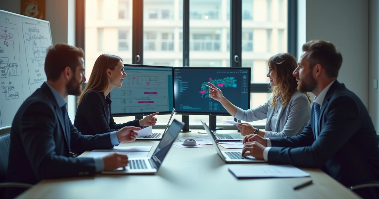 Documentação técnica de software sendo revisada em mesa de reunião 