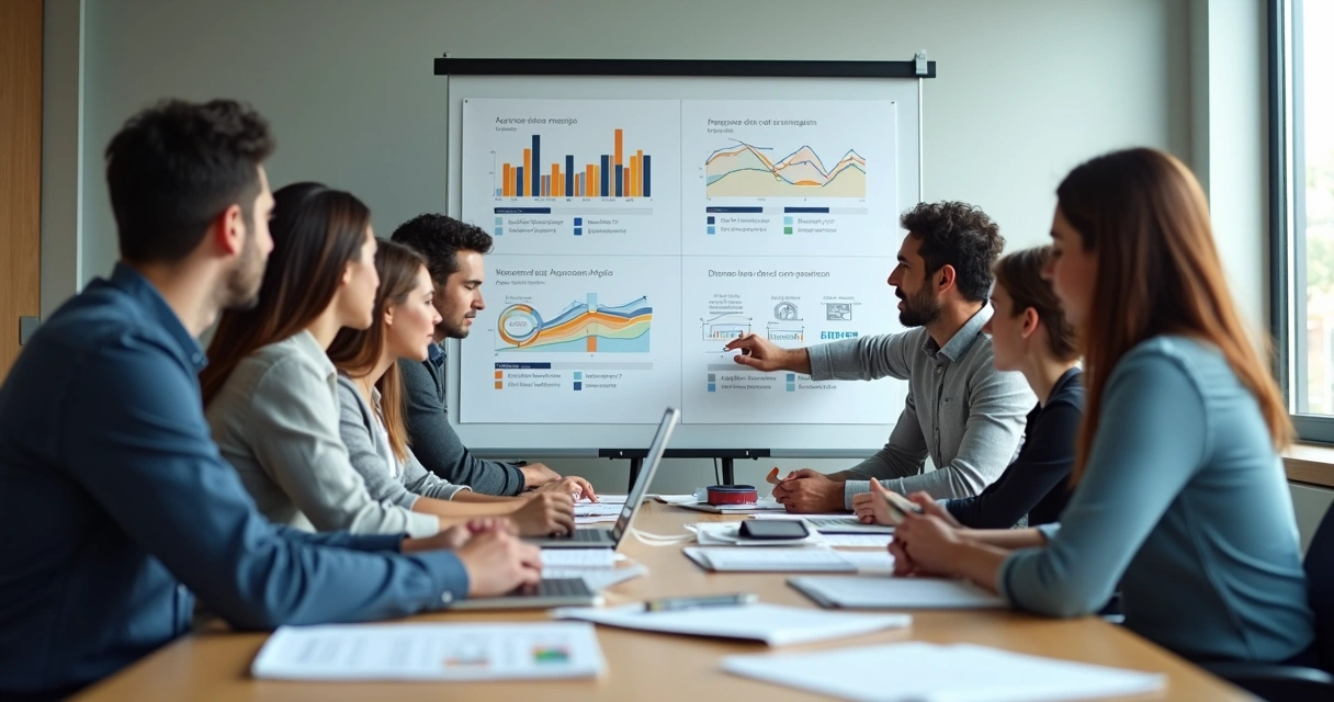 Equipe reunida em volta de mesa analisando e documentando testes de marketing digital 
