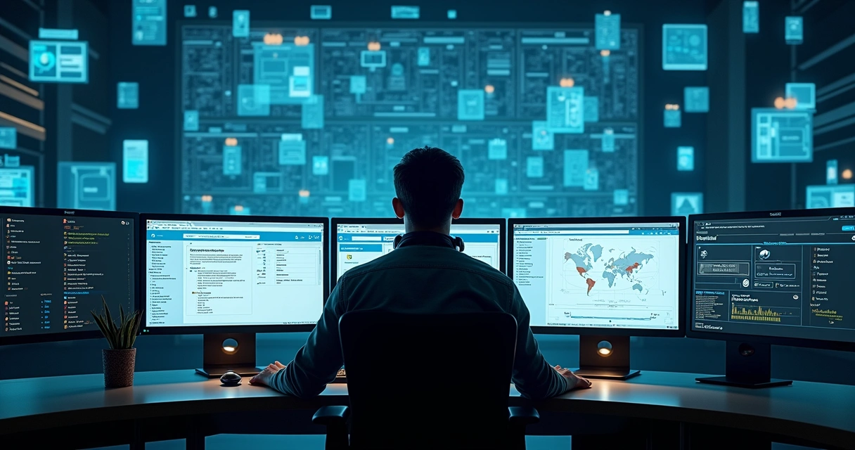 Profissional de TI consulta console com biblioteca digital ilustrando documentação técnica organizada 