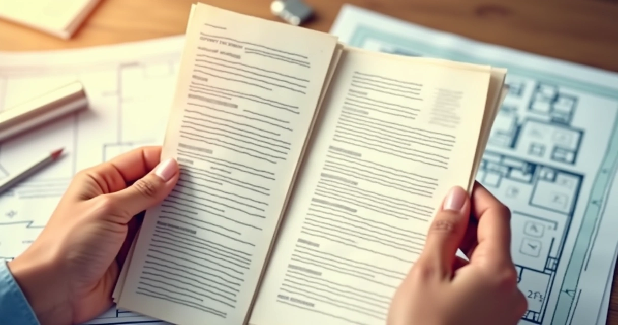 Pessoa segurando documentos variados com fundo de planta de imóvel