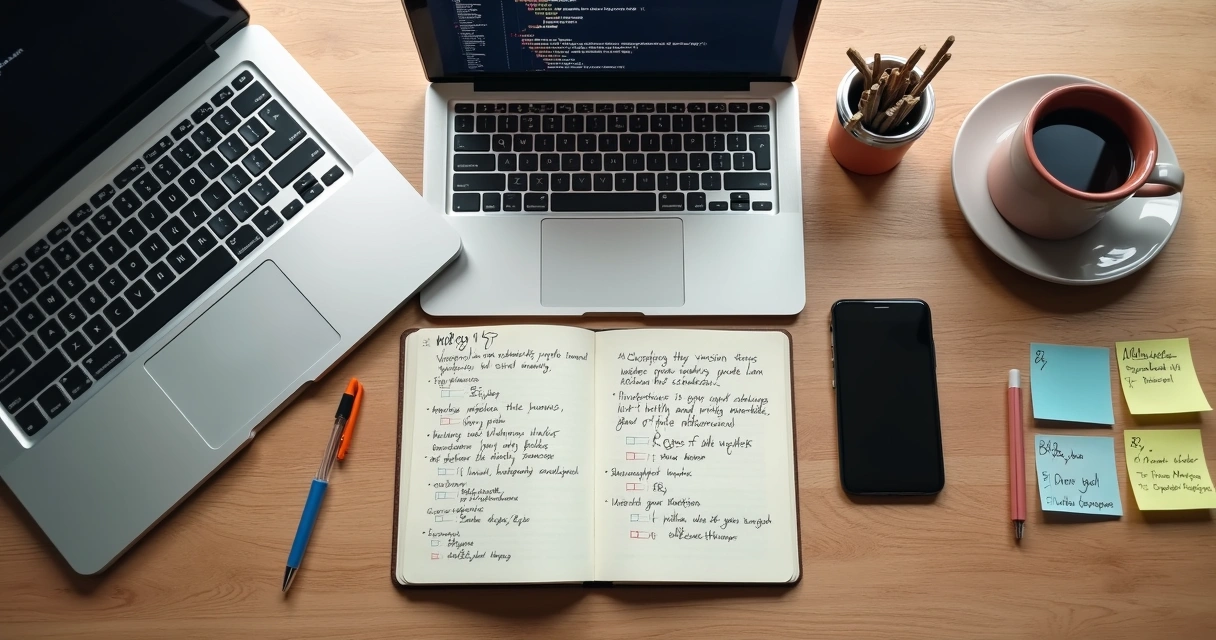 Notas e listas sobre automação ao lado do computador