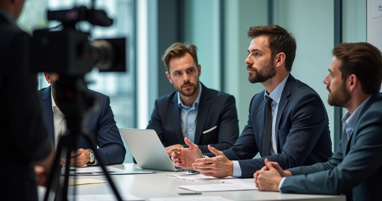 Cámara filma a empresario y equipo en oficina. 