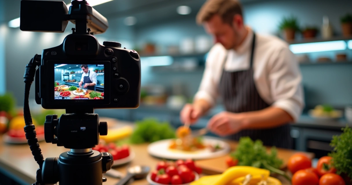 Câmera gravando chefe preparando prato com ingredientes frescos 
