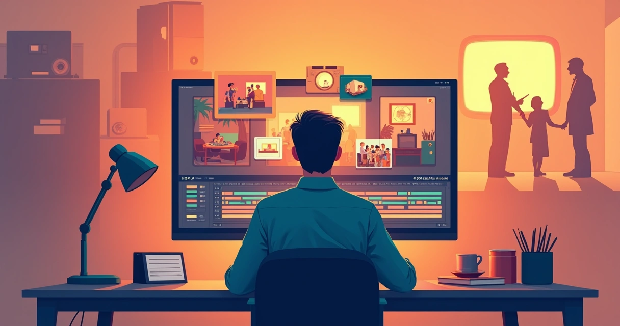 Cineasta montando documentário com cenas de séries antigas 