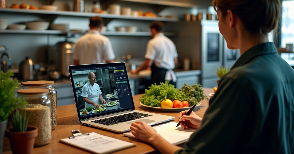 Gestor de restaurante assistindo a documentário gastronômico em laptop com cozinha profissional ao fundo 