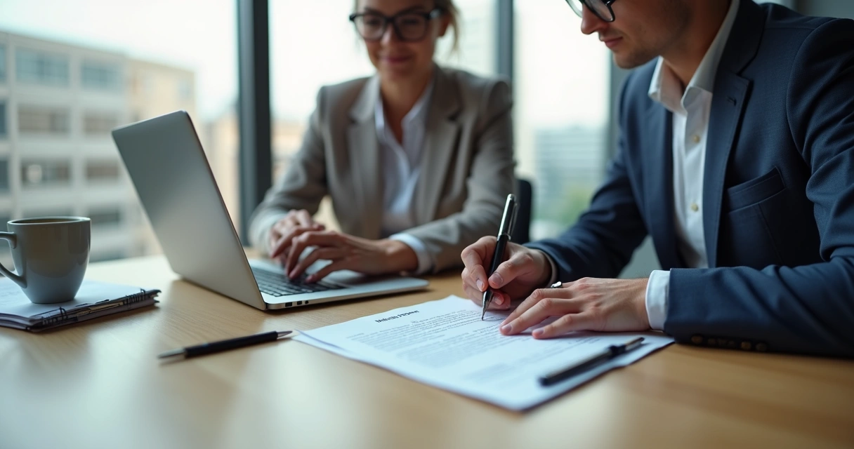 Assinatura digital em contrato de locação com pessoas usando notebook 