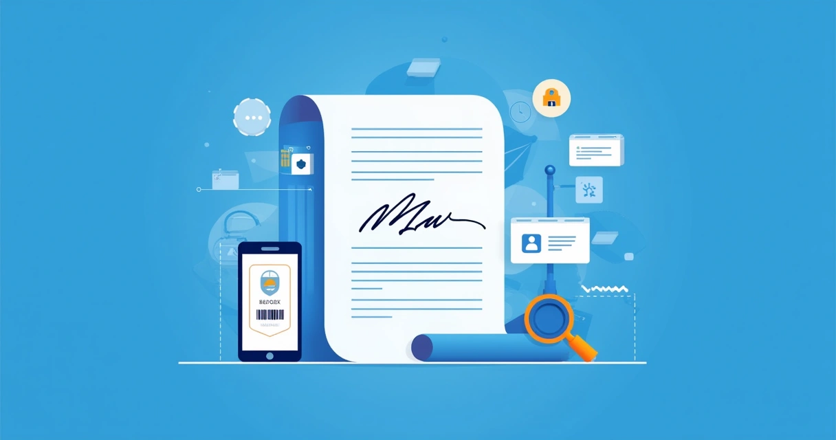Ilustração de um documento digital com uma assinatura central e elementos de segurança ao redor.
