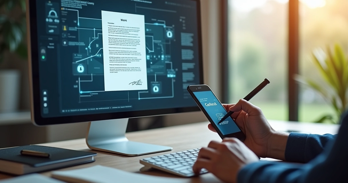 Pessoa assinando digitalmente contrato em tela com destaque para certificado digital 