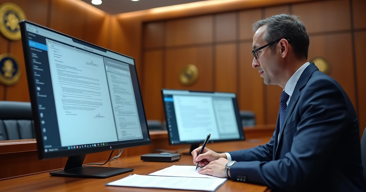 Vereador assinando documento digital em tela grande de computador 