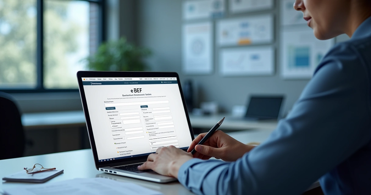 Formulário digital e-BEF aberto em notebook com gráficos de fundos ao fundo 