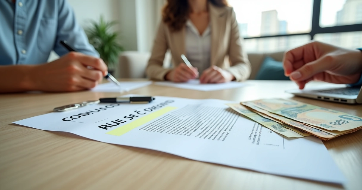 Contrato de caução de aluguel sendo analisado com chaves e dinheiro sobre a mesa 