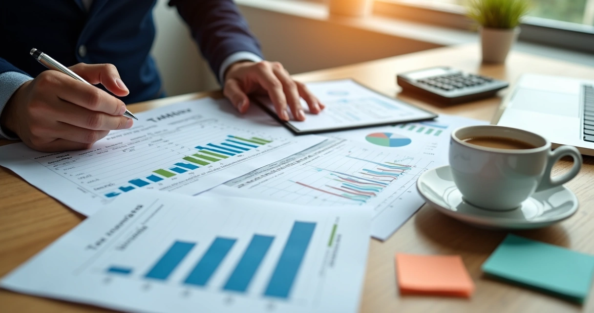 Documentos sobre consultoria financeira na mesa de um contador 