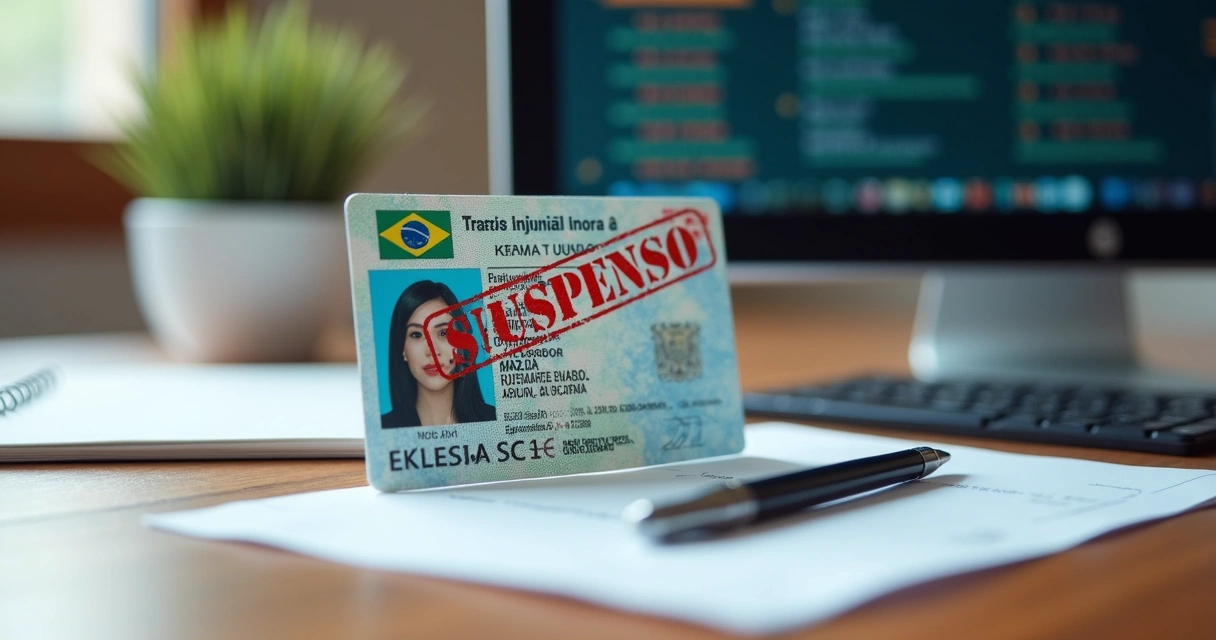 Carteira de motorista com selo de suspensão sobre uma mesa de escritório 