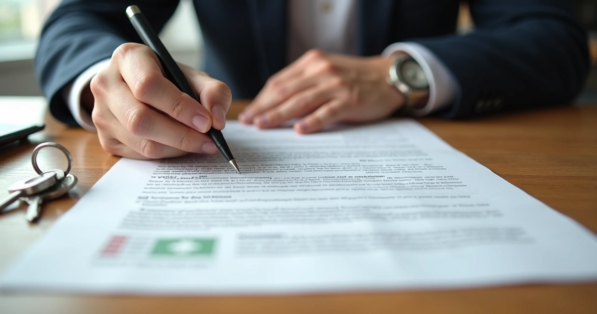Pessoa assinando documento sobre mesa com contrato de aluguel com caneta e chaves ao lado 