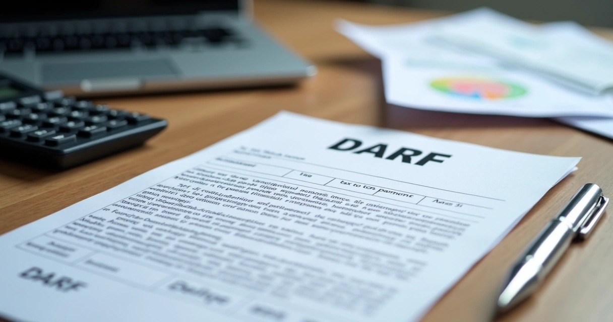 Documento DARF em papel sobre mesa com calculadora e caneta ao lado 