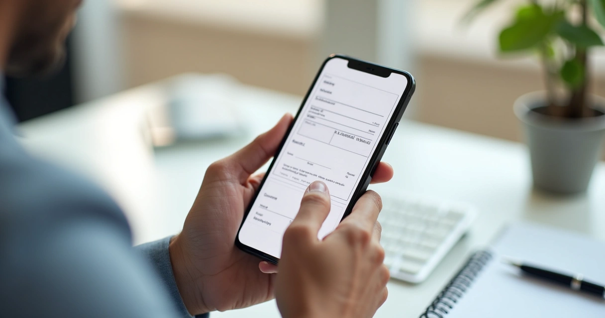 Pessoa segurando um smartphone exibindo documento digital com campo para assinatura eletrônica 