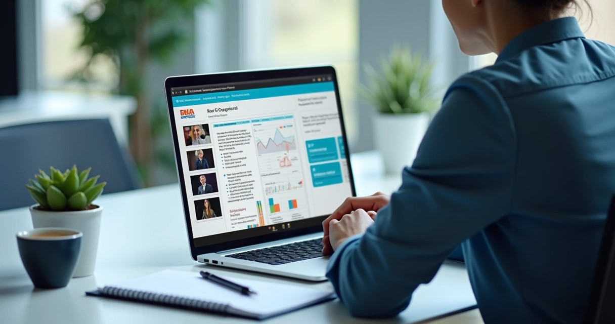 Proposta digital apresentada em tela de notebook com gráficos, vídeos e botões 