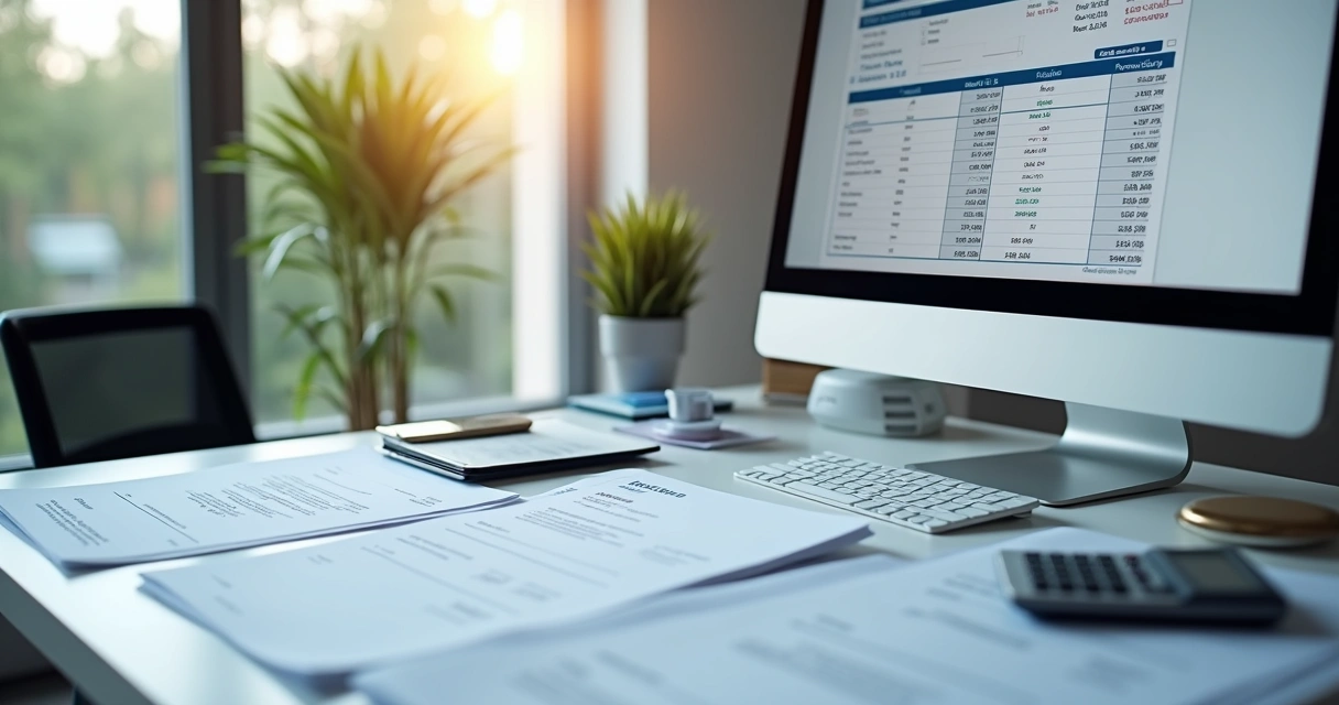 Tela de computador com arquivo SPED aberto ao lado de notas fiscais eletrônicas 